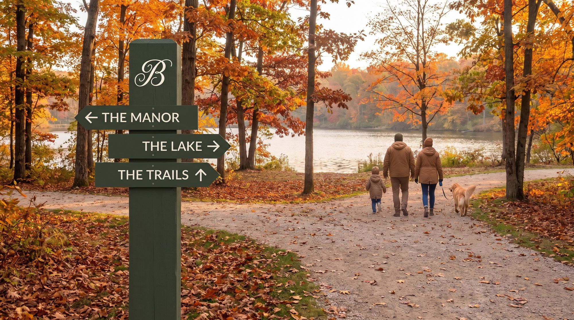 A moss wayfinding post pointing to the manor, the lake and the trails