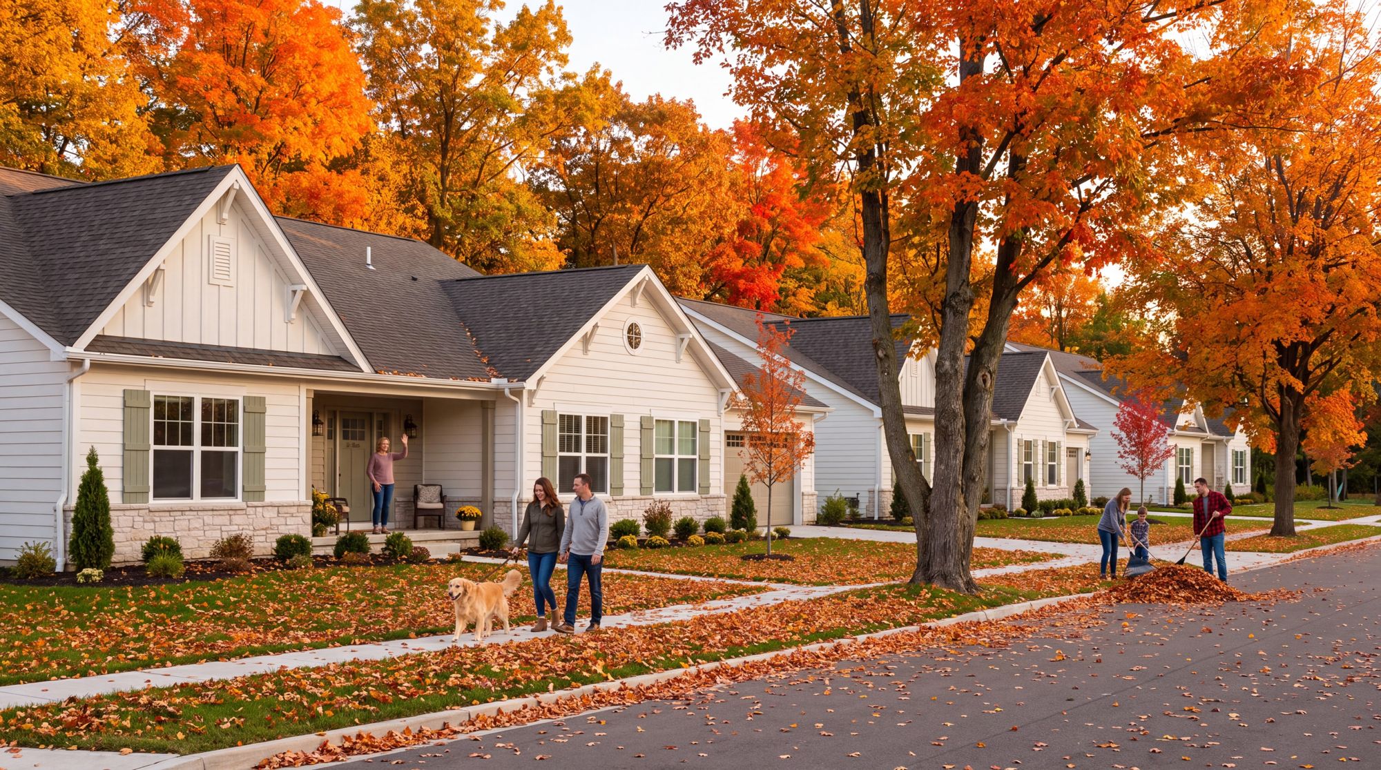 White homes on an autumn neighborhood street