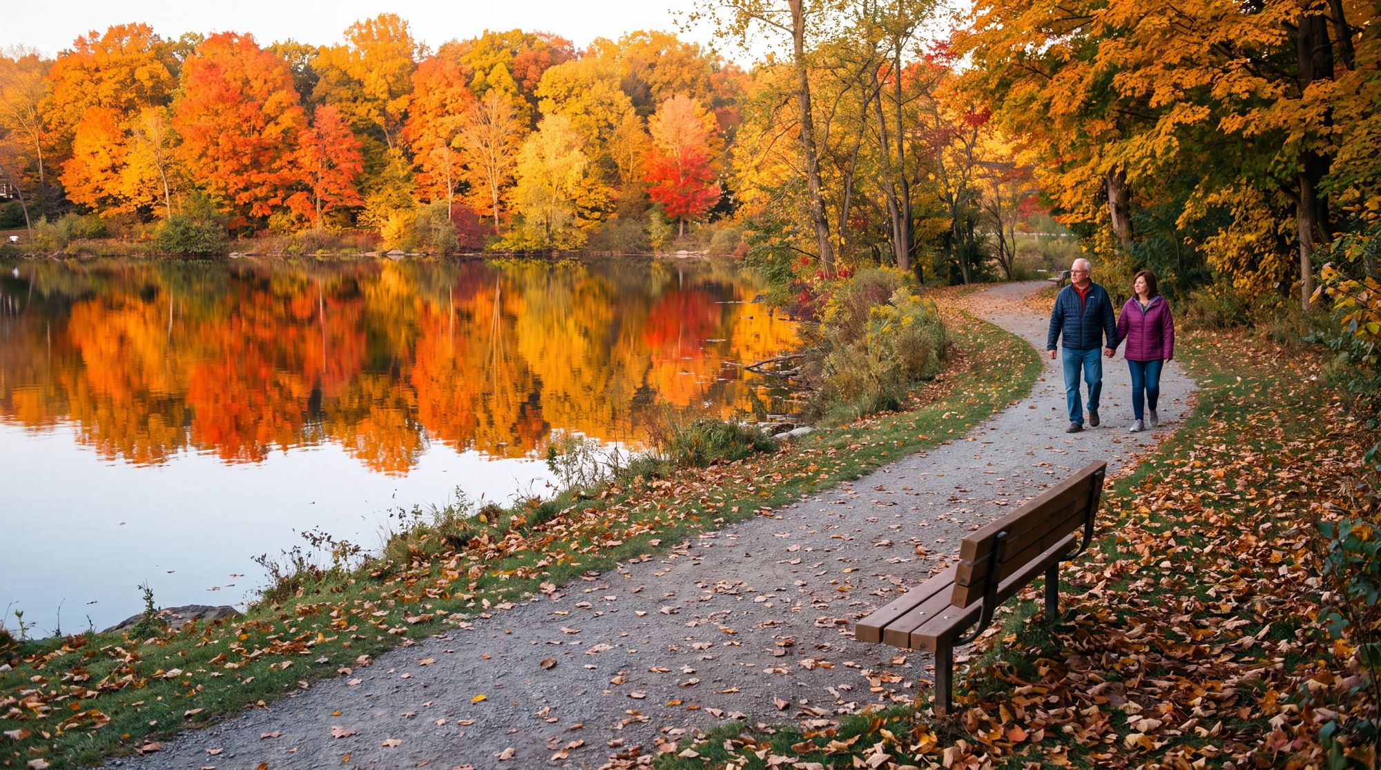 Autumn trees reflected in the still lake beside the gravel path