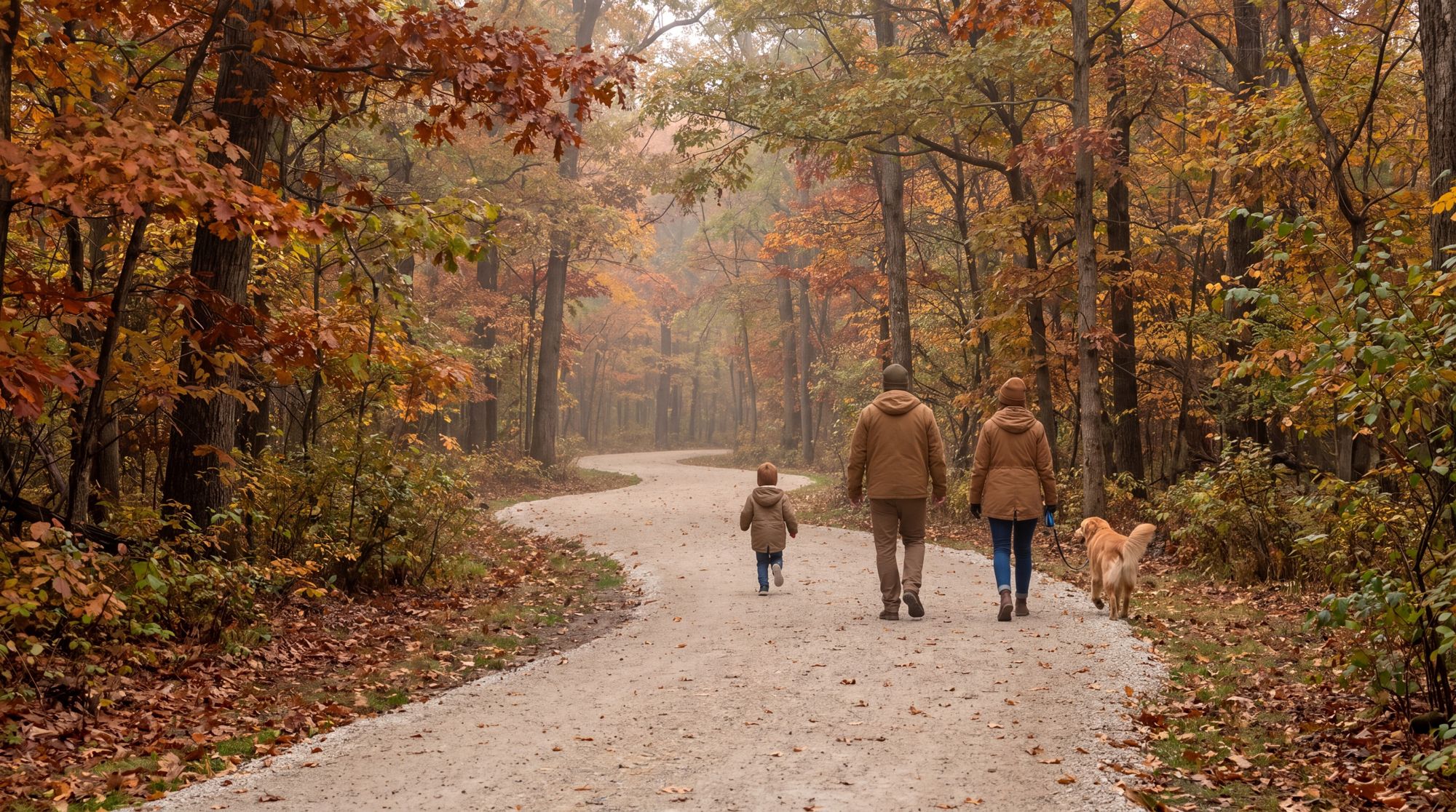 A parent and child walking an autumn woodland trail