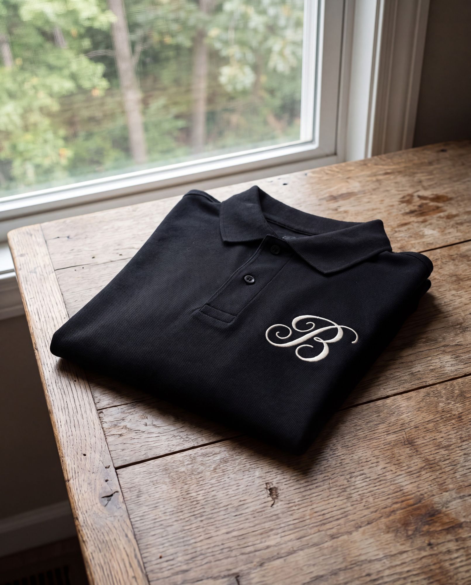 A folded black polo with the Bolton B embroidered in bone thread