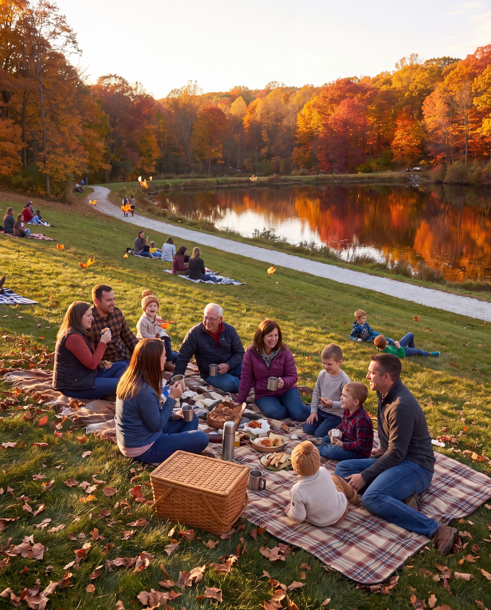 Families picnicking on the hill above the lake at golden hour