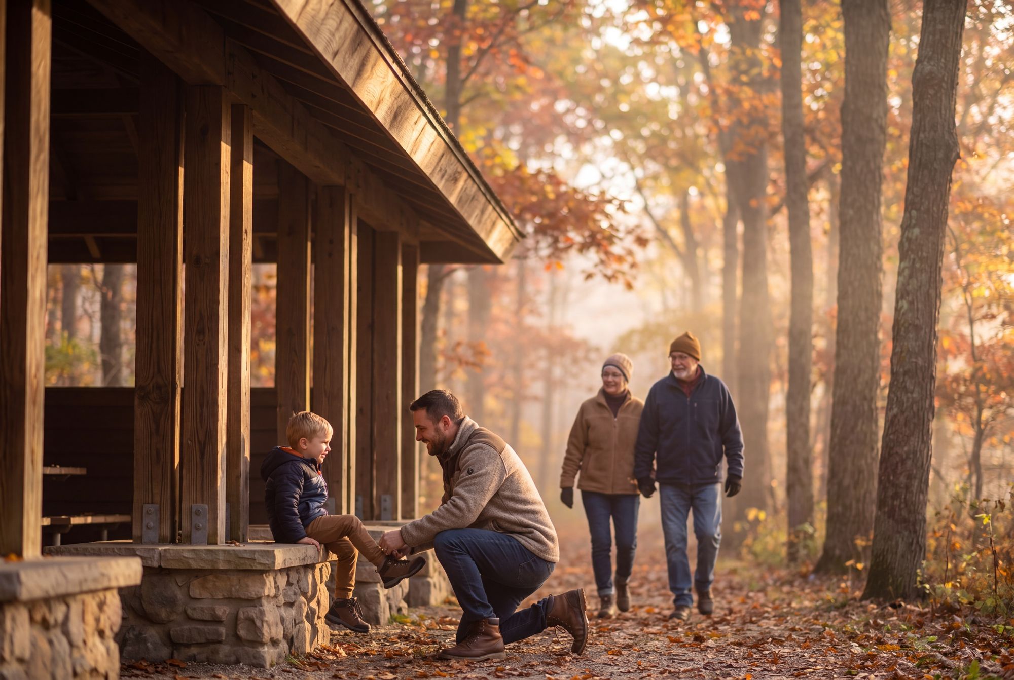 A family at the trailhead pavilion on a misty autumn morning
