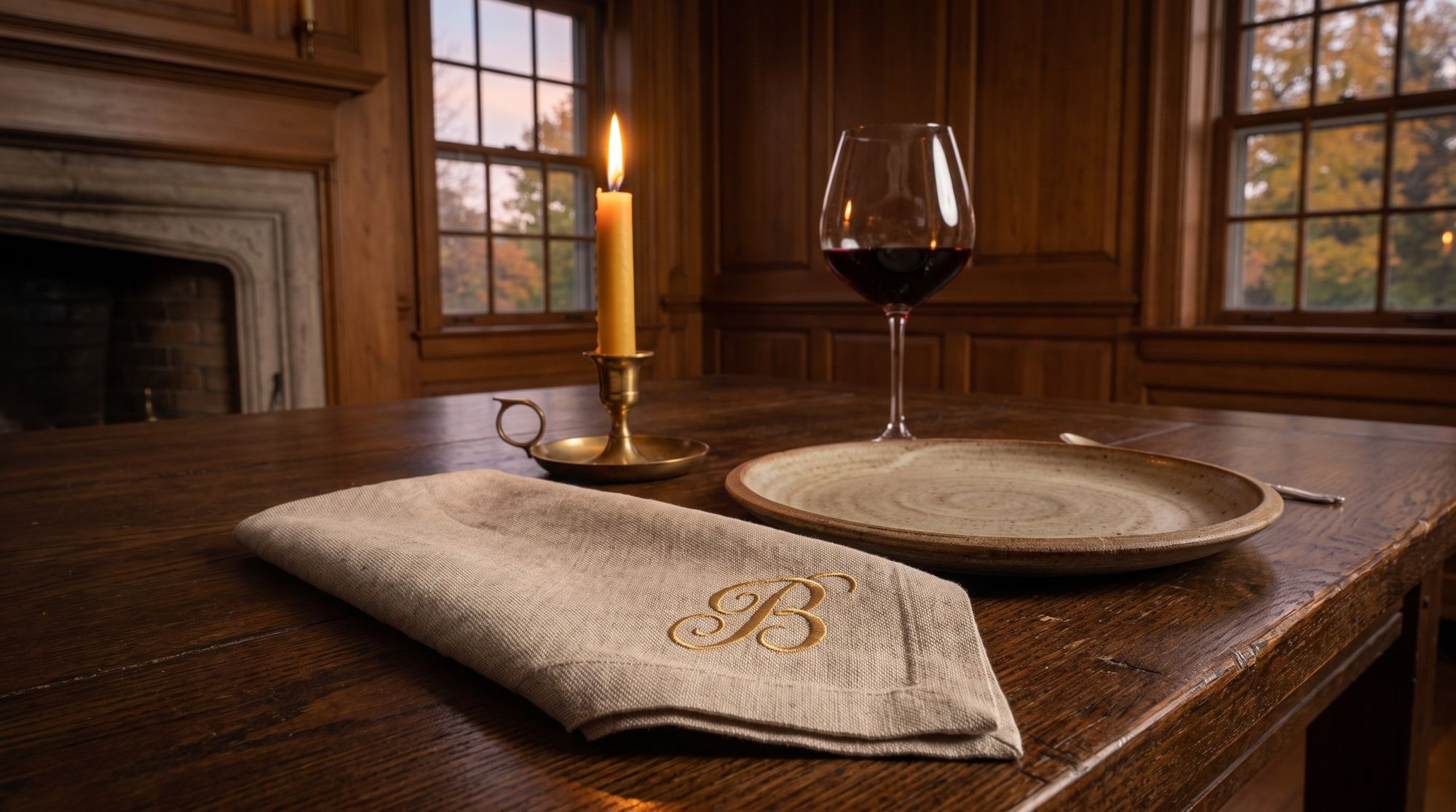 A Bolton linen napkin in a candlelit dining room