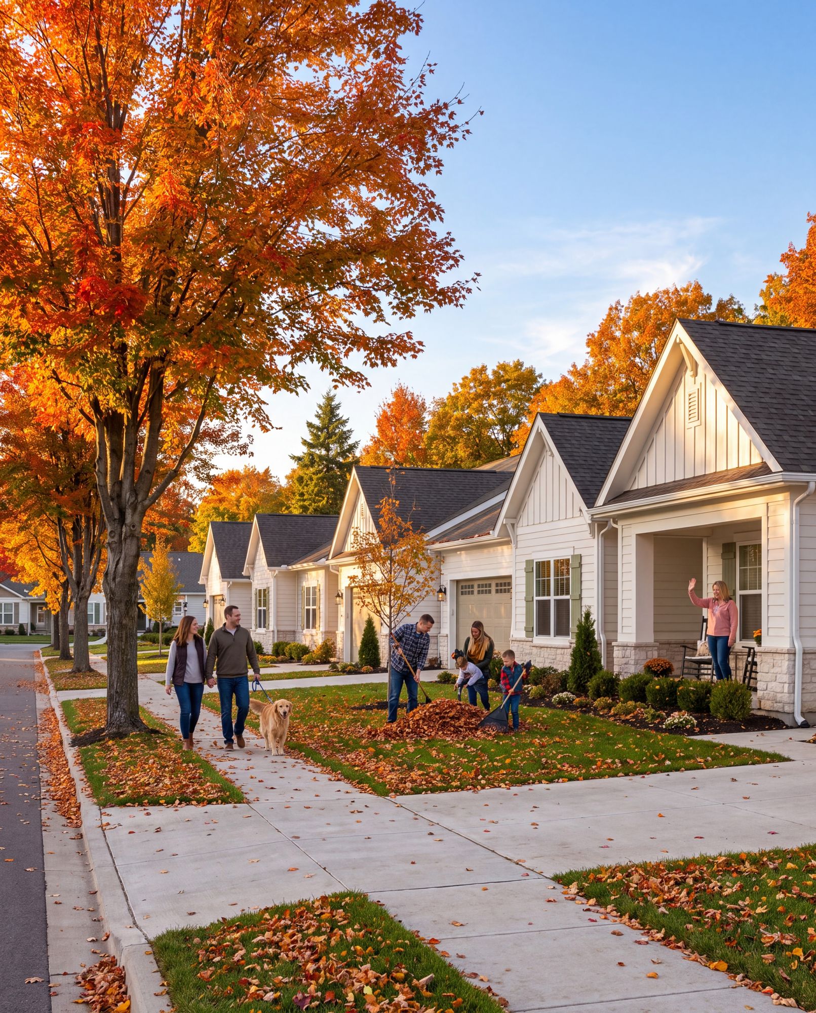 Families on a tree-lined street of Bolton homes in autumn
