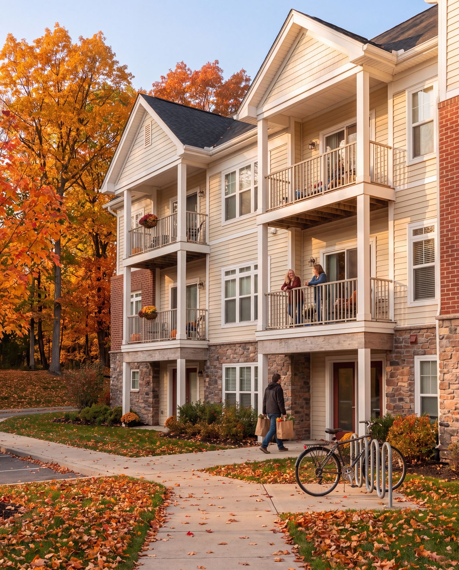 Bolton apartment buildings with balconies among autumn trees