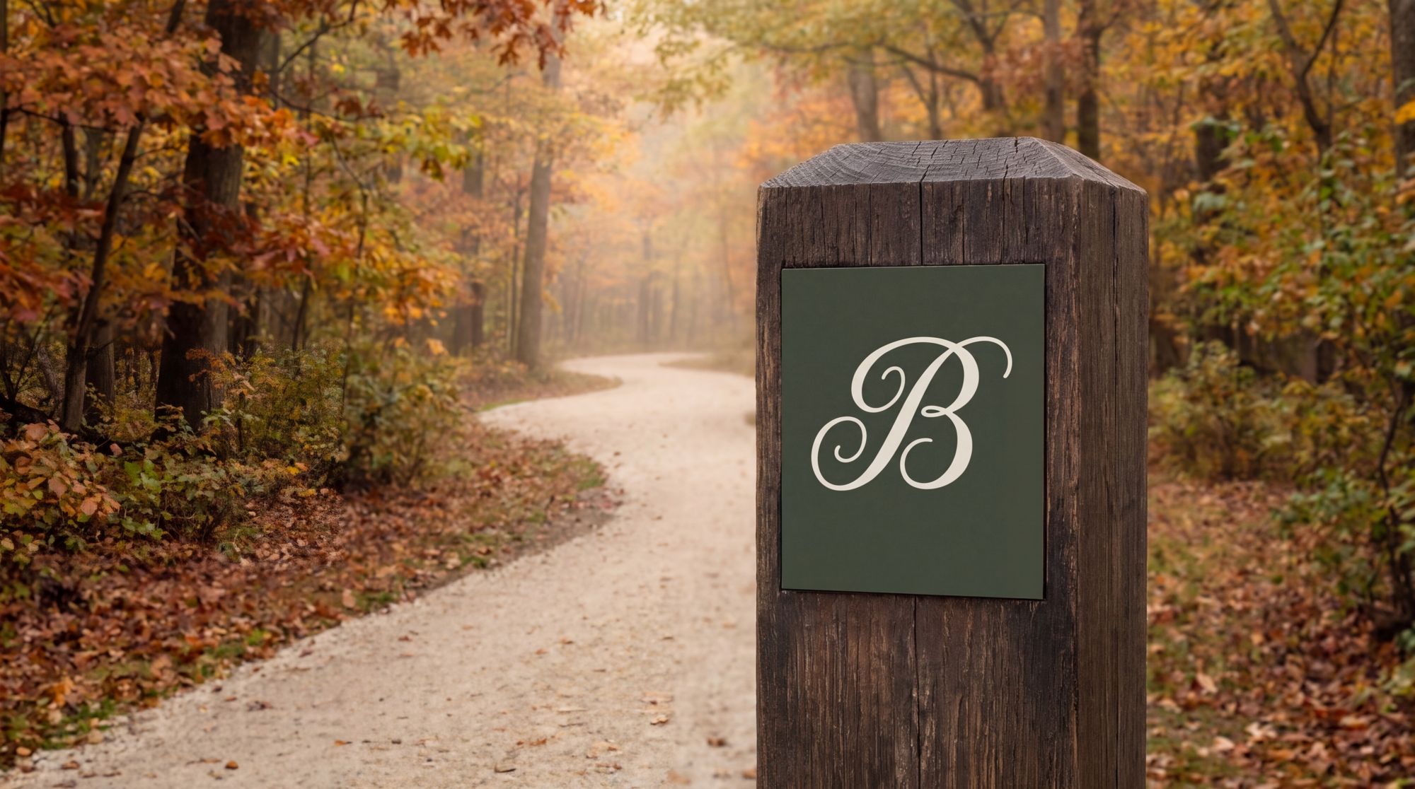 A moss trail post with the Bolton B on a woodland path