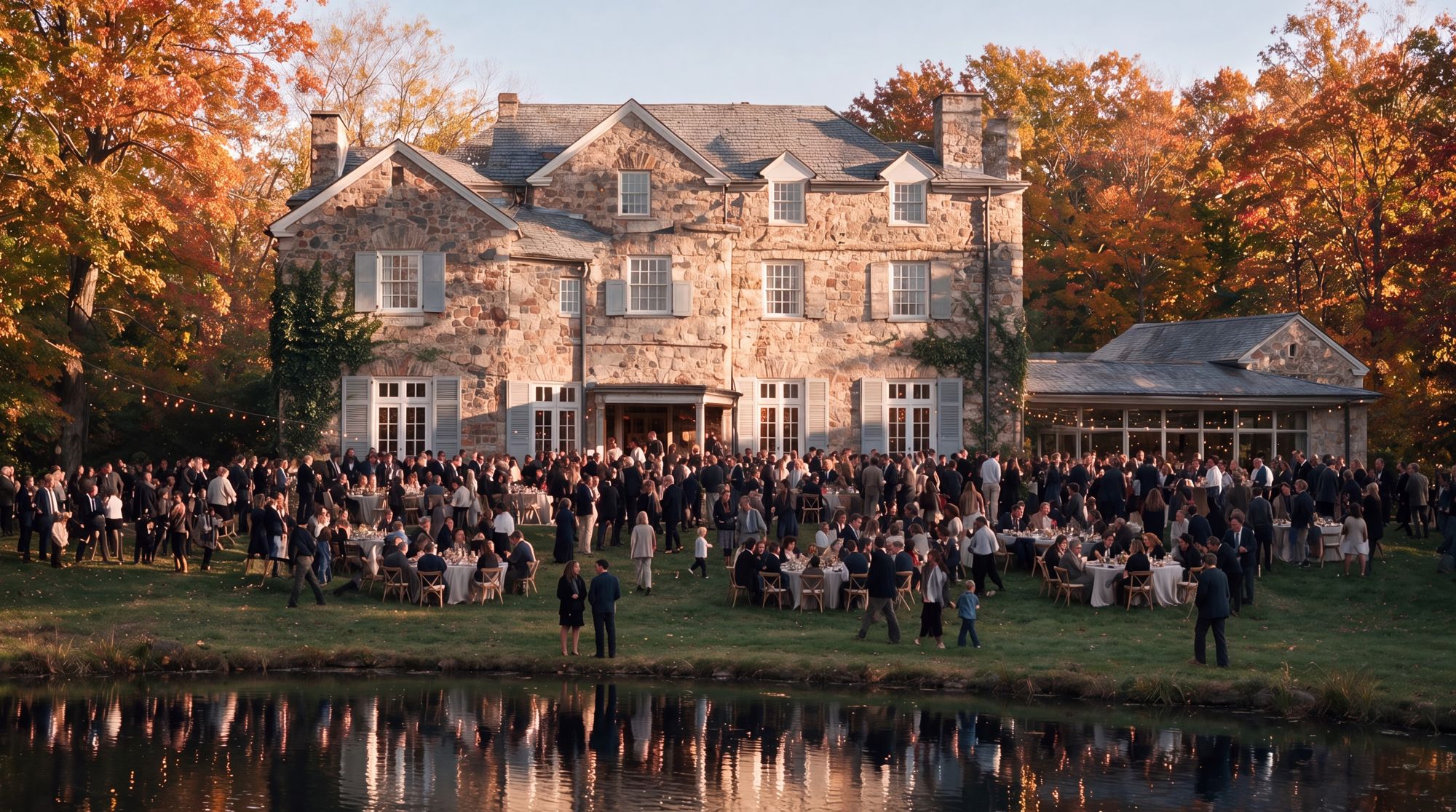 The Bolton manor at dusk with a gathering on the lawn