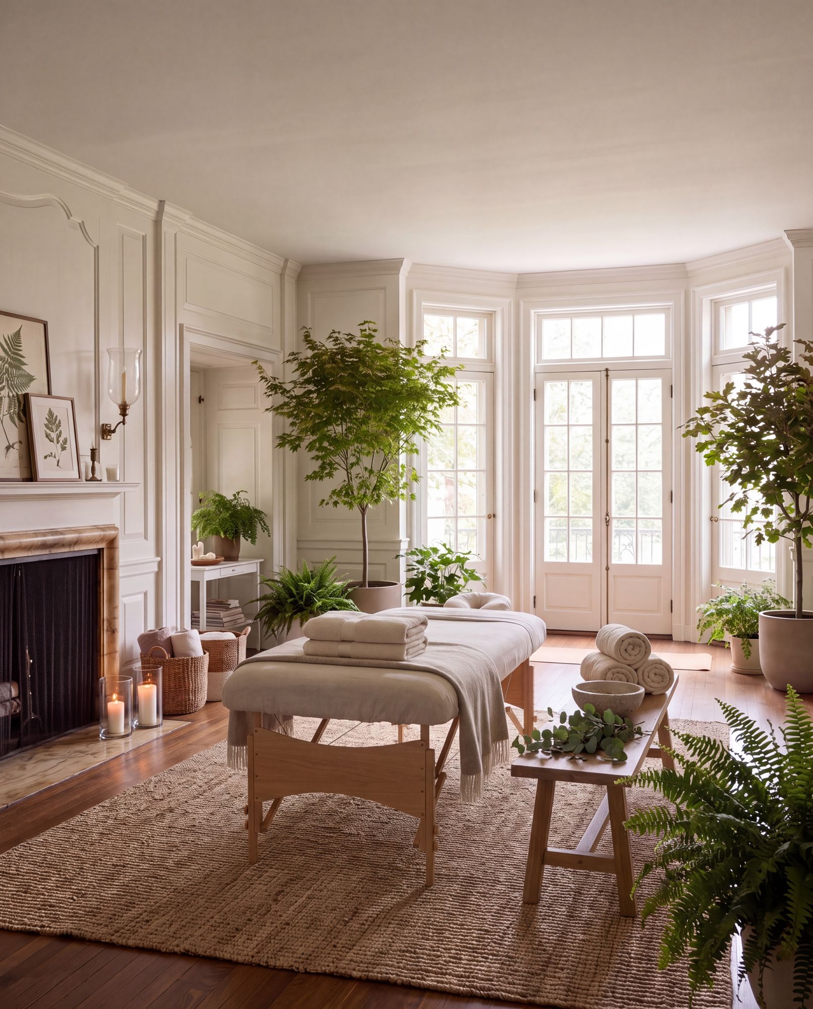 A bright treatment room with a massage table and ferns inside the manor