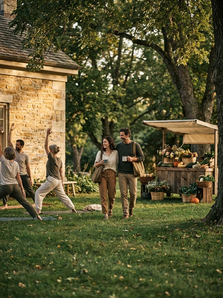 People walking, stretching and shopping on the green at Bolton