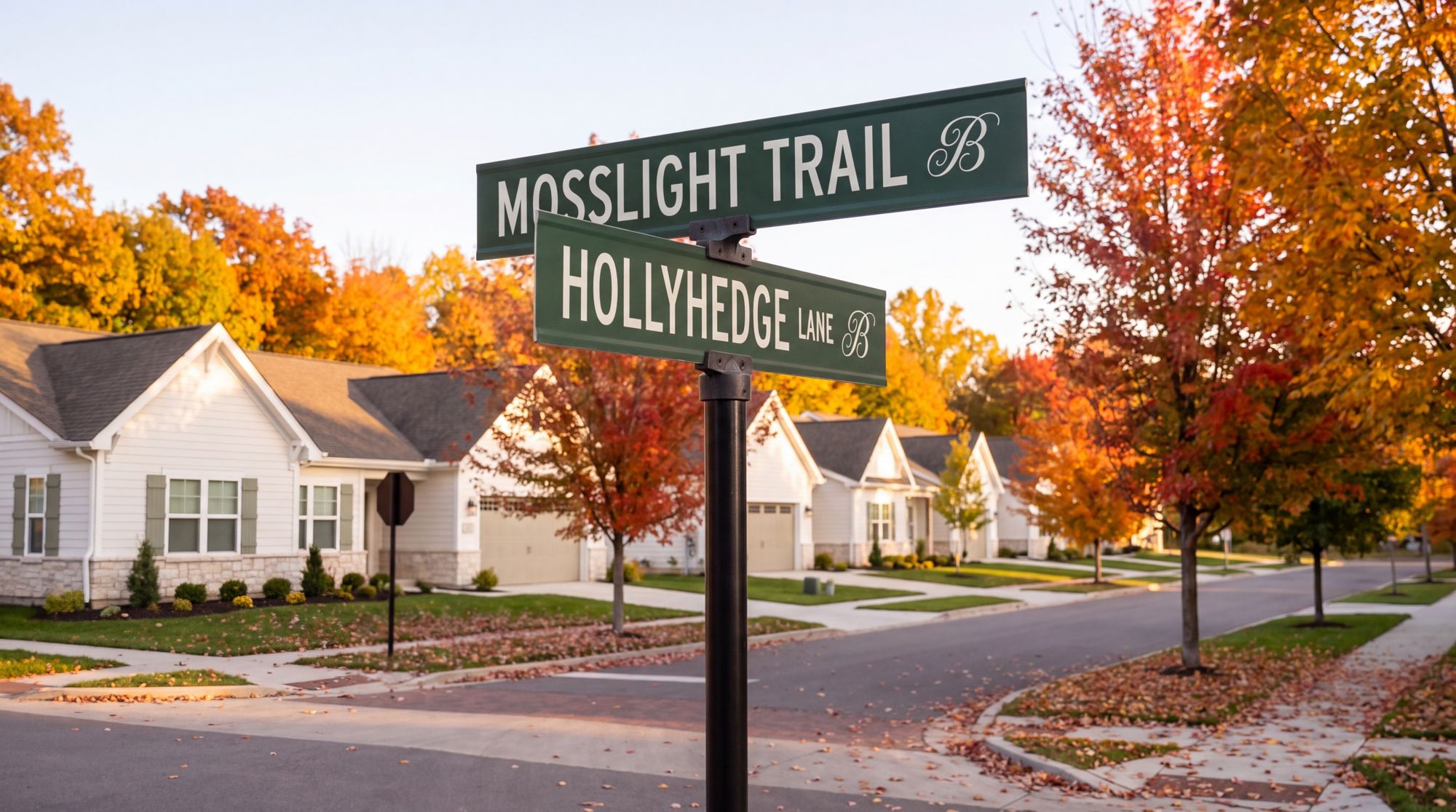 Mosslight Trail and Hollyhedge Lane street signs
