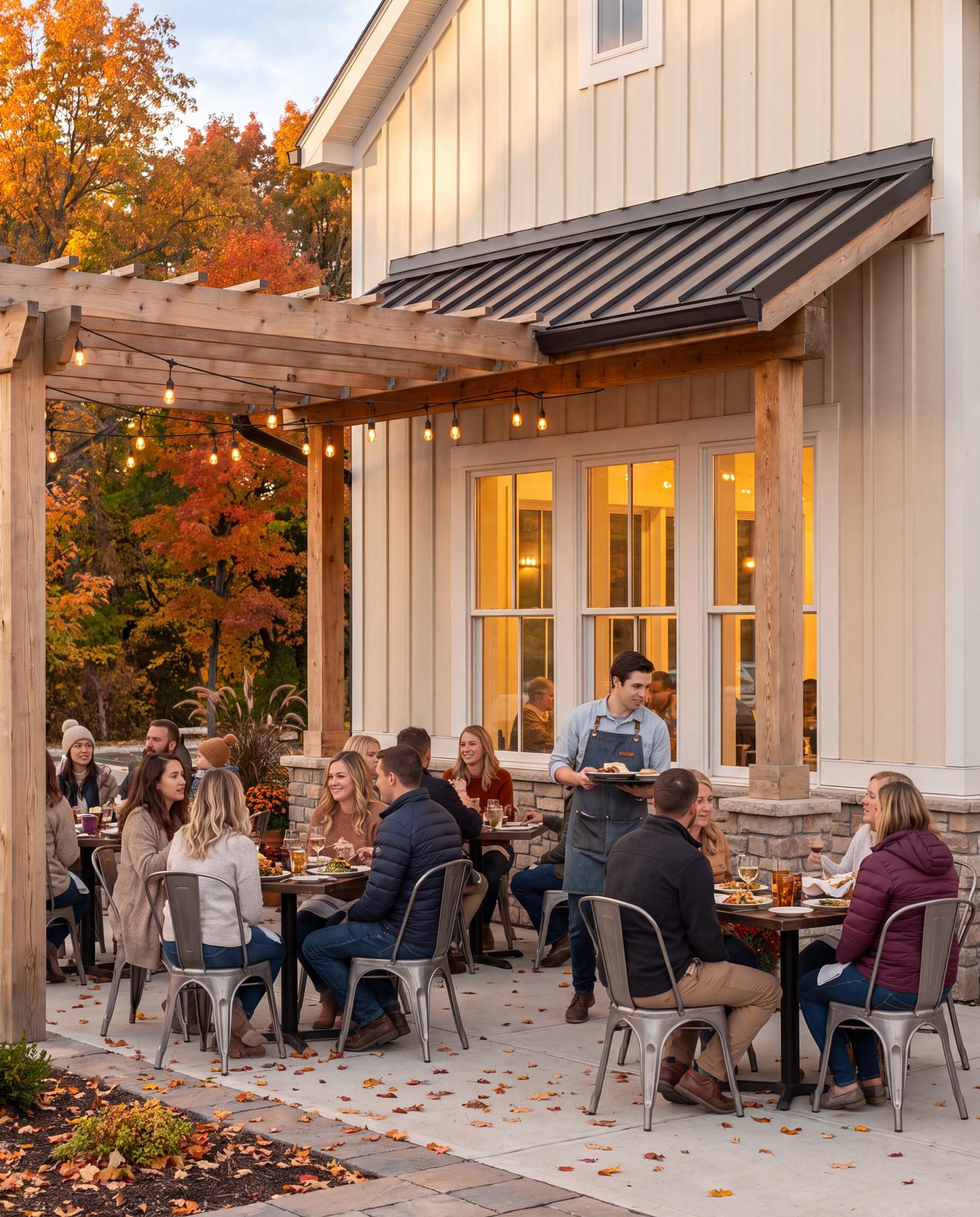 Diners at long tables on the restaurant patio under string lights in autumn