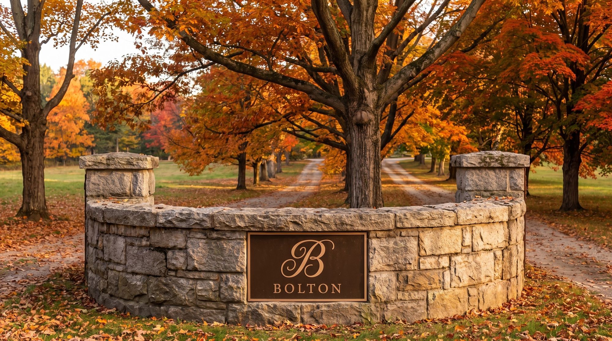 The stone entrance monument under autumn trees