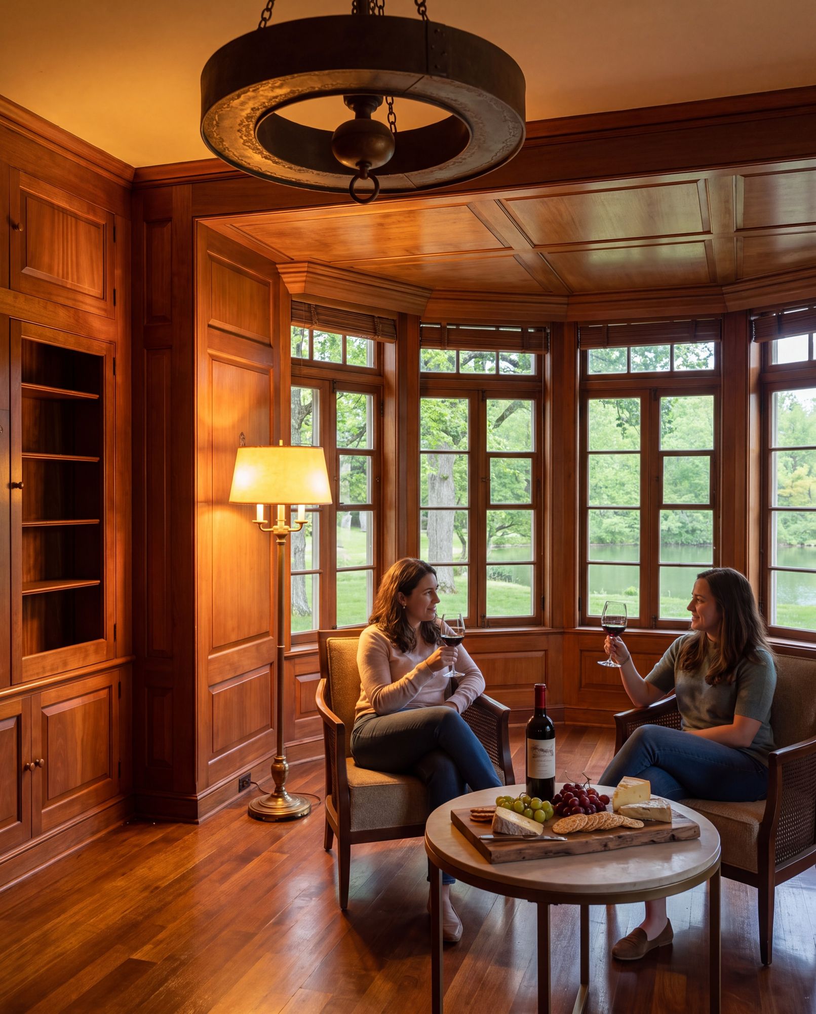 Two people sharing wine in a wood-panelled manor room
