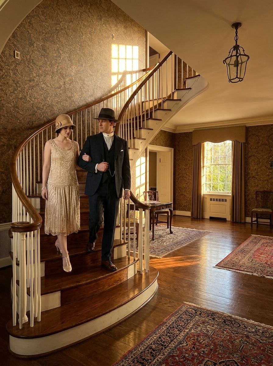 A couple descending the manor staircase