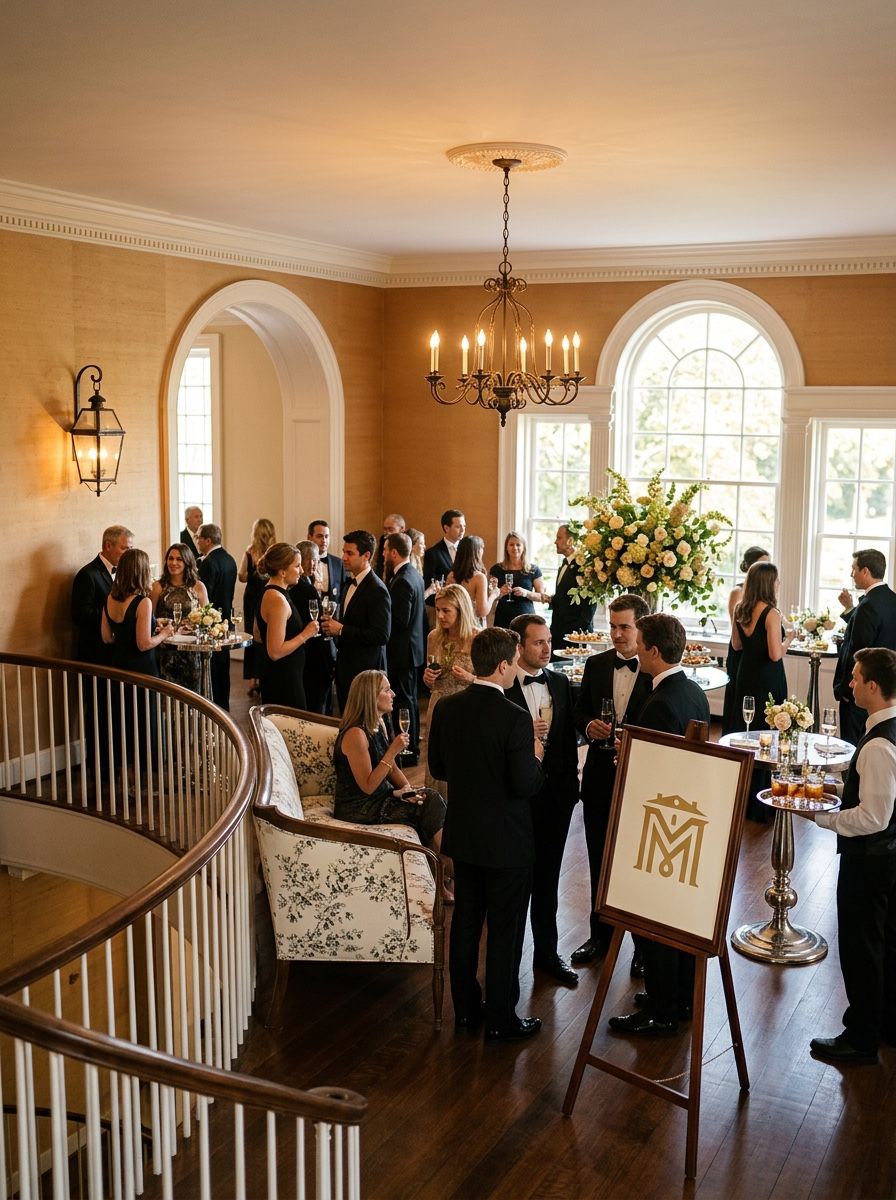 Guests gathered for a formal event in the manor’s great room
