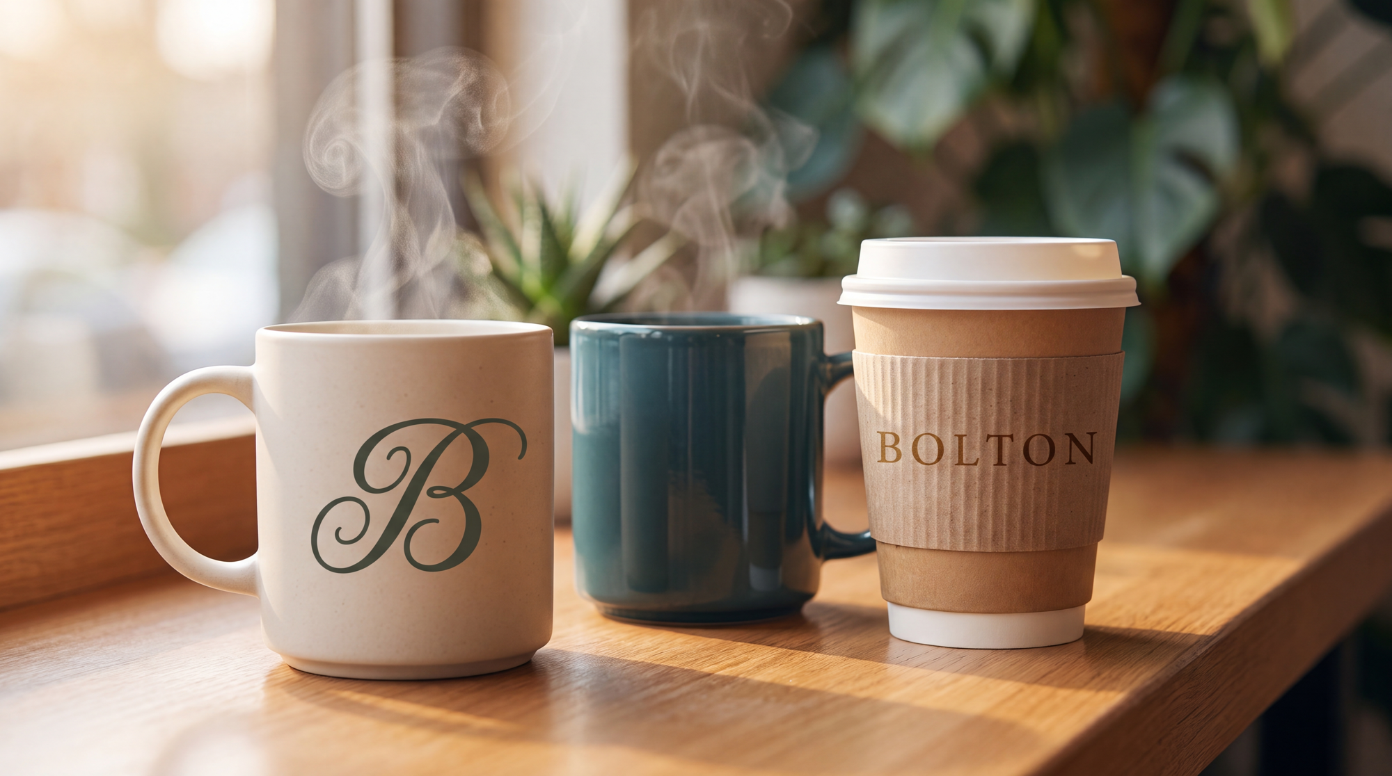 Bolton ceramic and takeaway cups on a sunlit table